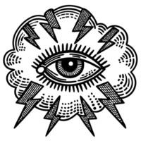 eye of providence with lightning bolts in abstract cloud mystical symbol in monochrome design vector