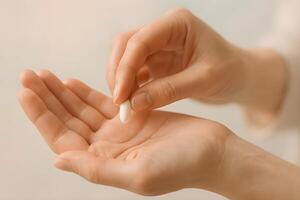 A person holding a small white object on their hand photo