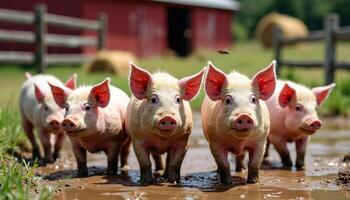 Five Piglets in Mud with Barn Background photo