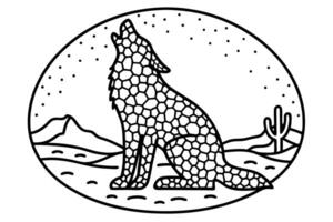 geometric wolf howling under starry desert sky with cactus and mountains silhouette vector
