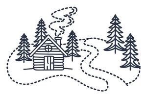 Cozy cabin in snowy forest, smoke rising from chimney, surrounded by pine trees in winter scene vector