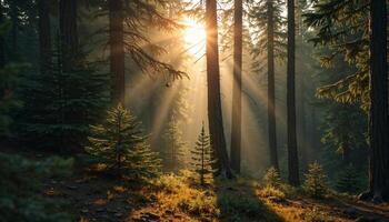 Sunlight Through Dense Forest With Evergreen Trees photo