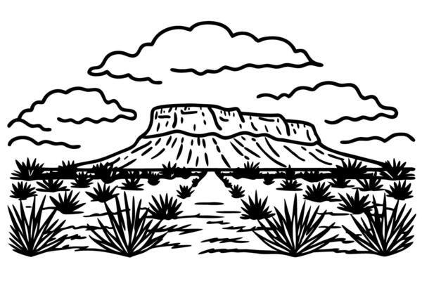 desert landscape illustration with mesa and clouds, native vegetation in black line art