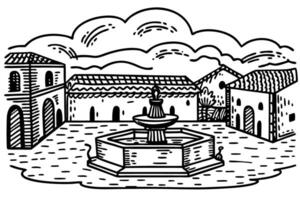 Historic european square with fountain and traditional architecture sketch vector