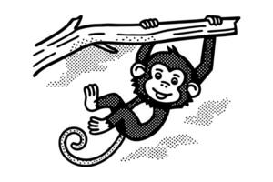 Playful monkey swinging on tree branch, jungle illustration vector