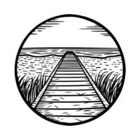 Wooden boardwalk leading to tranquil beach ocean waves, coastal scenery in circular design vector
