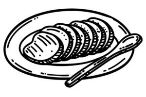 Hand drawn sliced potatoes on a plate with spoon, kitchen ingredient illustration vector