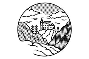 Illustrated mountain landscape with castle and pine trees in circular design vector