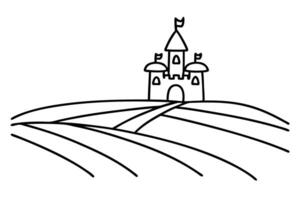 Simple line art of a castle on a hill with flags and pathway vector