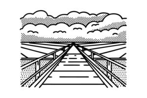Monochrome illustration of endless railway under cloudy sky, perspective journey concept vector