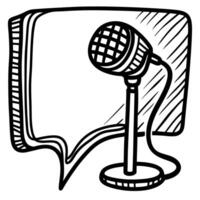 Microphone in speech bubble icon communication, media, broadcast, podcast symbol, black and white art vector