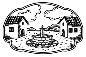 Rustic village scene with stone fountain, two cottages, and cloudy sky illustration vector