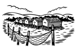 rustic fishing huts by the lakeside with net fence, mountains and clouds in black and white illustration vector