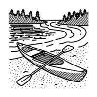 Canoe on the shoreline of a serene lake with pine trees, tranquil scene in simple line art vector