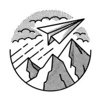 monochrome paper airplane soars above mountains with geometric clouds and dotted sky vector
