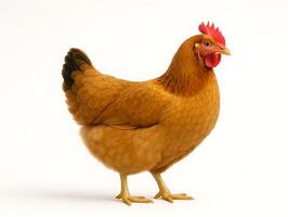 A chicken is standing in front of a white background photo