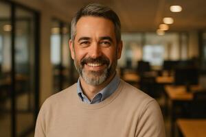 A man with a beard and a sweater smiling photo