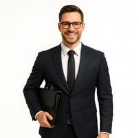 A man in a suit and glasses holding a briefcase photo