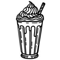 illustration of a classic milkshake glass with whipped cream and straw in monochrome vector