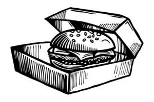 sketch of a classic hamburger in a takeout box vector