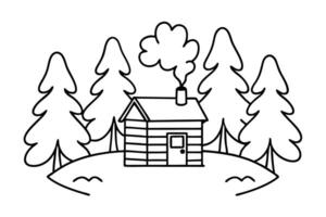 rustic cabin in forest setting cozy log house surrounded by trees, smoke from chimney, natural retreat vector