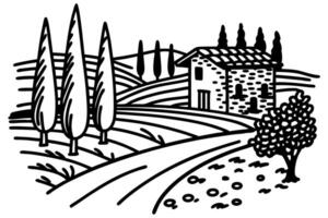 Rustic countryside scene with farmhouse and cypress trees in rolling fields vector