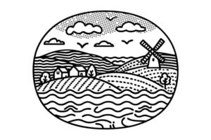 windmill in a scenic countryside landscape with fields, clouds, and birds serene rural setting illustration vector