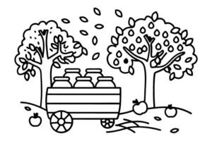 Autumn harvest illustration with apple trees and cart of jars, falling leaves in orchard vector