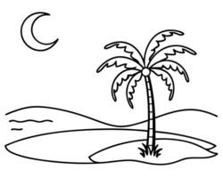 Simple tropical island scene with palm tree and moon in black and white line art vector