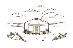 traditional mongolian yurt in a vast landscape with clouds and smoke from chimney vector