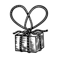 gift box with ribbon in heart shape black and white line art, illustration of present with bow loop vector