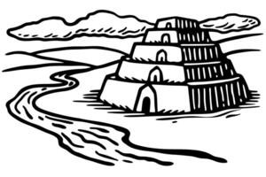 Ancient ziggurat illustration with cloudy sky and winding river in historic landscape vector