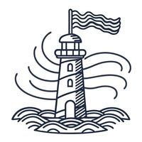 minimalist lighthouse with waving flag nautical icon, maritime sketch of beacon tower, ocean waves vector
