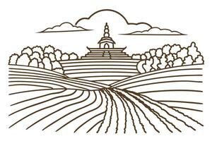 Peaceful temple landscape artistic lines with fields, trees, and clouds vector