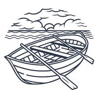Wooden rowboat on tranquil ocean, hand drawn illustration with waves and clouds vector