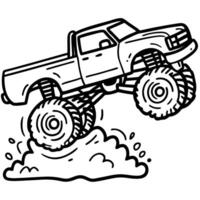 Monster truck jumping over obstacle with giant wheels in detailed line art design vector