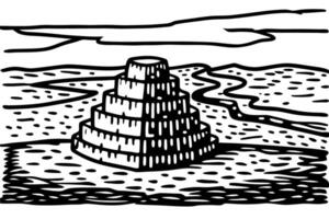 stylized step pyramid in desert landscape black and white line art of ancient structure vector