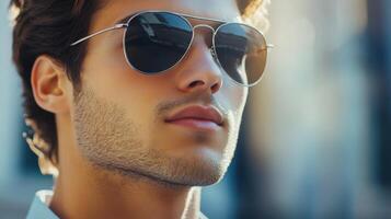 A man wearing sunglasses and looking off to the side photo