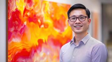 A man in glasses standing in front of a colorful painting photo