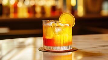 A cocktail with orange and lemon slices on top photo