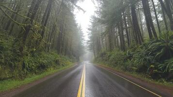 A road in the rain with trees and grass photo