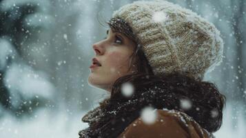 A woman in a winter hat looking up in the snow photo