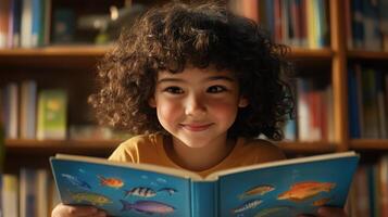 A young boy is reading a book in front of a library photo
