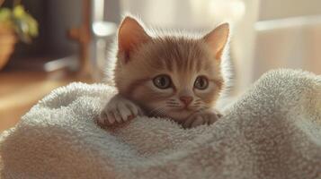A kitten is laying on a towel photo