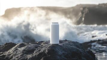 A white water bottle sitting on a rock near the ocean photo