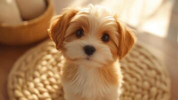 A small dog sitting on a rug photo