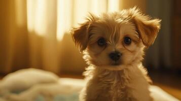 A small dog sitting on a bed in front of a window photo