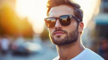 A man with sunglasses on in the street photo