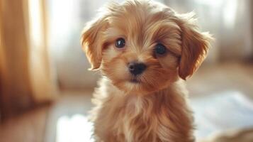 A small dog sitting on a floor photo