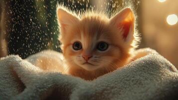 a kitten is sitting in a blanket photo